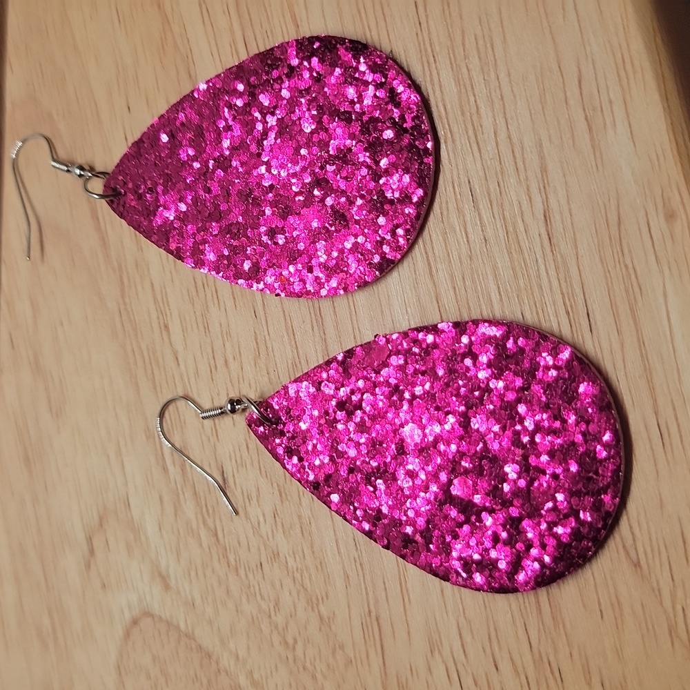 Retro Glittered Teardrop Dangle Earrings Faux Leather Pink Purplish 3" Drop NWT - Picture 4 of 8
